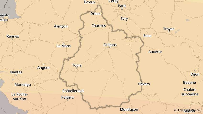 A map of Centre-Val de Loire, Frankreich, showing the path of the 2. Aug 2027 Totale Sonnenfinsternis