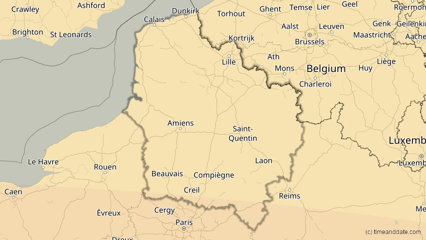A map of Hauts-de-France, France, showing the path of the Aug 2, 2027 Total Solar Eclipse