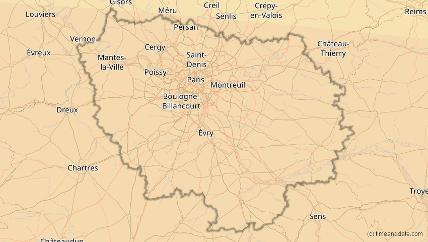 A map of Île-de-France, Frankreich, showing the path of the 2. Aug 2027 Totale Sonnenfinsternis