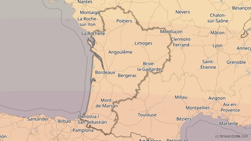 A map of Nouvelle-Aquitaine, Frankreich, showing the path of the 2. Aug 2027 Totale Sonnenfinsternis