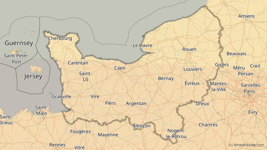 A map of Normandie, France, showing the path of the Aug 2, 2027 Total Solar Eclipse