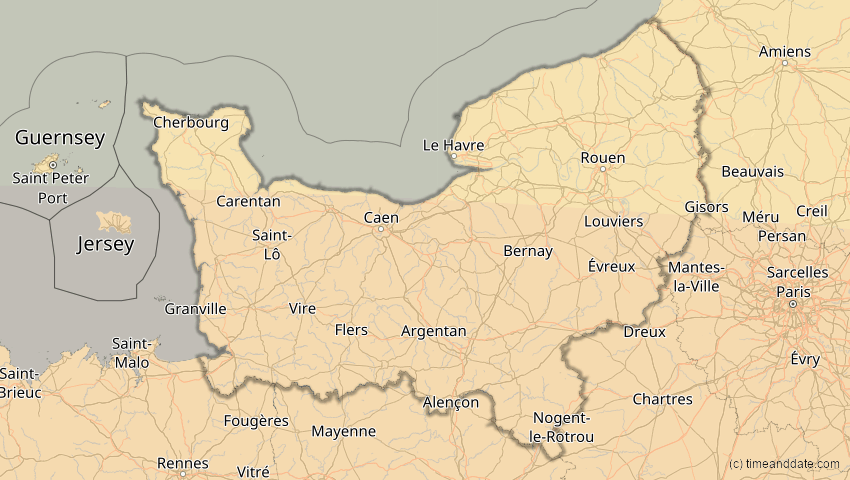 A map of Normandie, France, showing the path of the 2027年8月2日 (月) Total Solar Eclipse