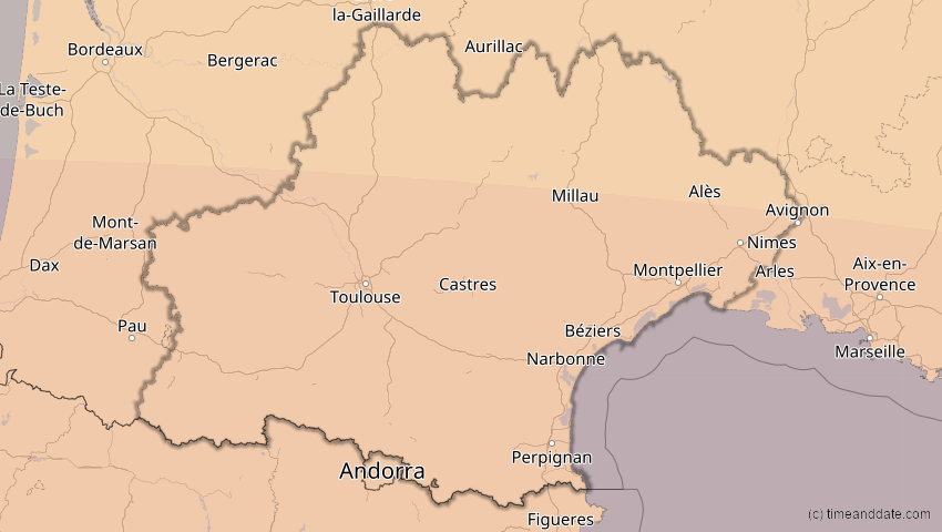 A map of Occitanie, France, showing the path of the Aug 2, 2027 Total Solar Eclipse