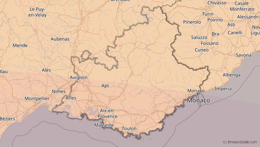 A map of Provence-Alpes-Côte d’Azur, Frankreich, showing the path of the 2. Aug 2027 Totale Sonnenfinsternis