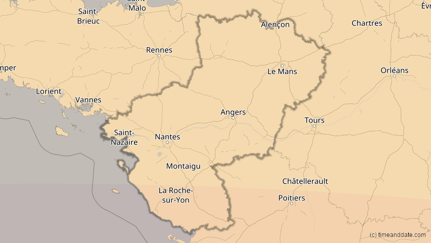 A map of Pays de la Loire, Frankreich, showing the path of the 2. Aug 2027 Totale Sonnenfinsternis