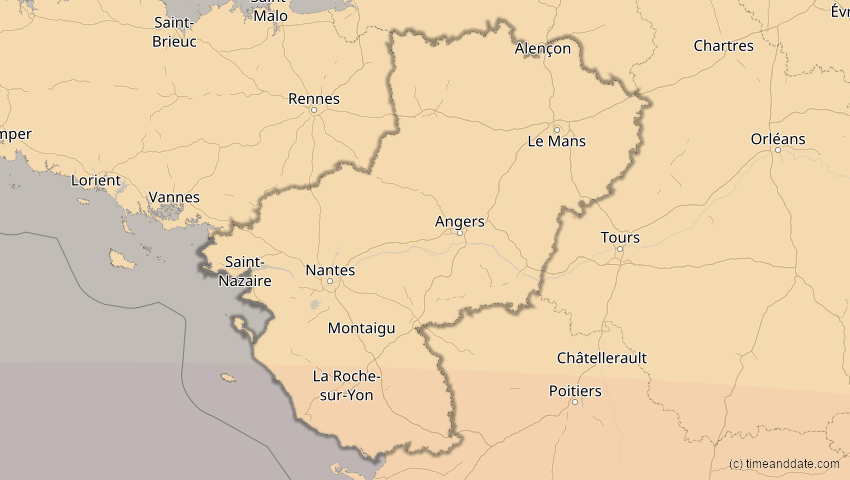 A map of Pays-de-la-Loire, France, showing the path of the 2027年8月2日 (月) Total Solar Eclipse