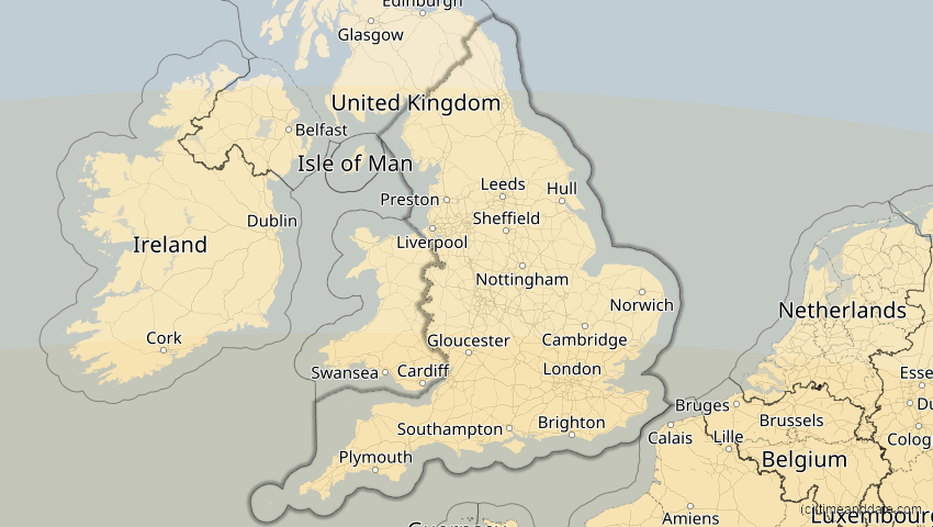 A map of England, Großbritannien, showing the path of the 2. Aug 2027 Totale Sonnenfinsternis
