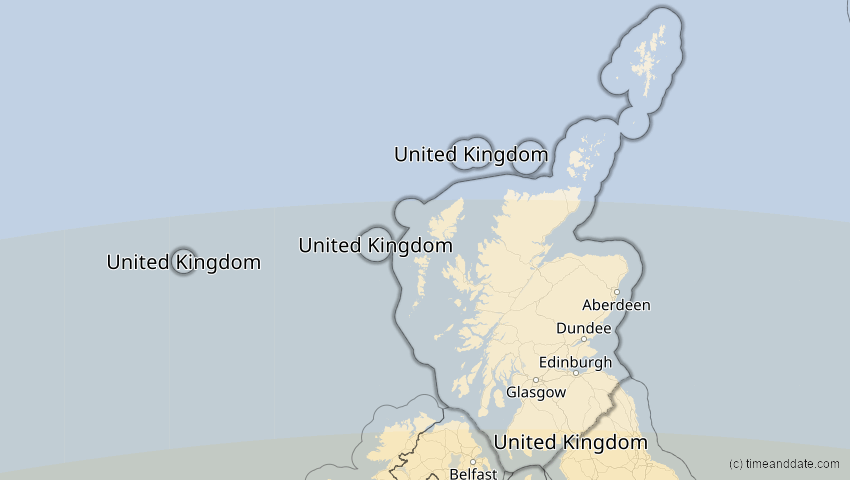 A map of Schottland, Großbritannien, showing the path of the 2. Aug 2027 Totale Sonnenfinsternis