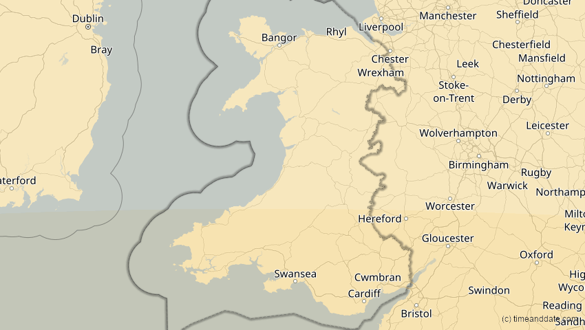 A map of Wales, United Kingdom, showing the path of the Aug 2, 2027 Total Solar Eclipse