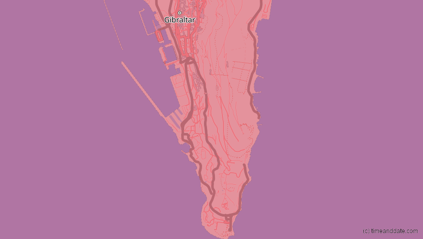 A map of Gibraltar, United Kingdom, showing the path of the 2027年8月2日 (月) Total Solar Eclipse