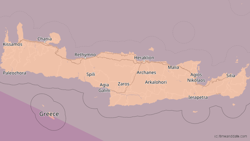 A map of Kreta, Griechenland, showing the path of the 2. Aug 2027 Totale Sonnenfinsternis
