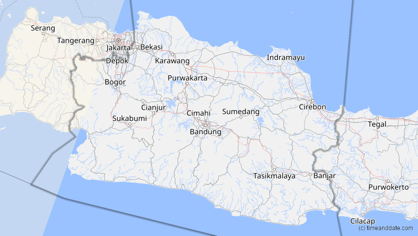 A map of West Java, Indonesia, showing the path of the Aug 2, 2027 Total Solar Eclipse
