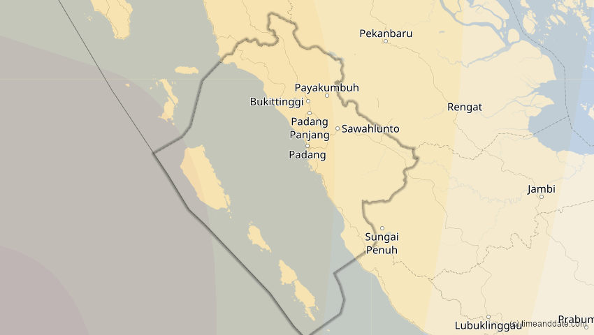 A map of West Sumatra, Indonesia, showing the path of the Aug 2, 2027 Total Solar Eclipse