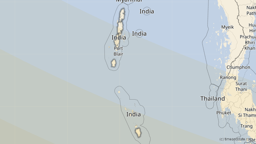 A map of Andamanen und Nikobaren, Indien, showing the path of the 2. Aug 2027 Totale Sonnenfinsternis