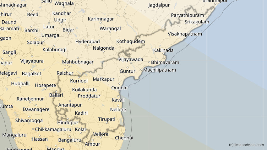 A map of Andhra Pradesh, Indien, showing the path of the 2. Aug 2027 Totale Sonnenfinsternis