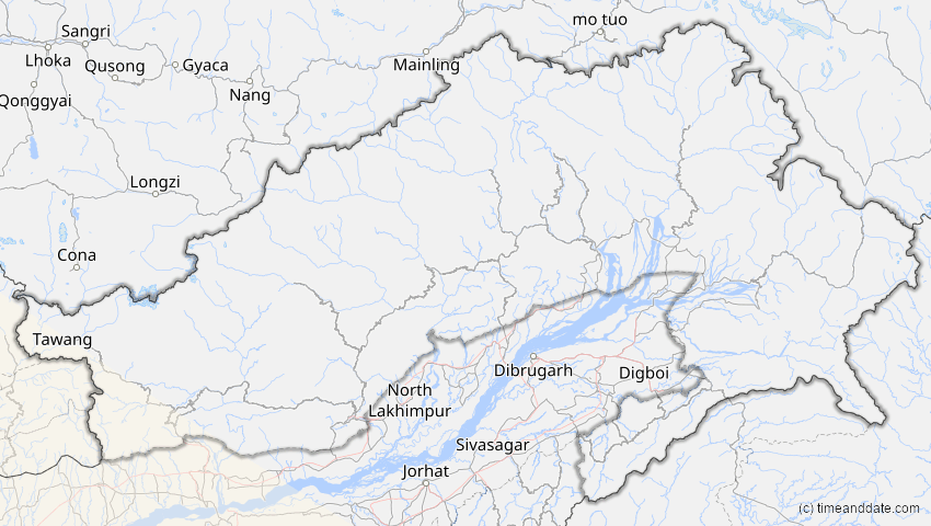 A map of Arunachal Pradesh, Indien, showing the path of the 2. Aug 2027 Totale Sonnenfinsternis
