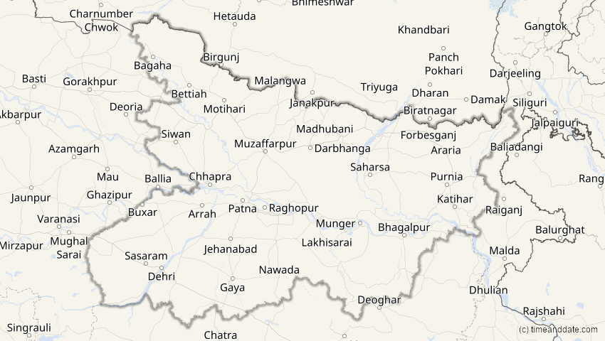 A map of Bihar, Indien, showing the path of the 2. Aug 2027 Totale Sonnenfinsternis