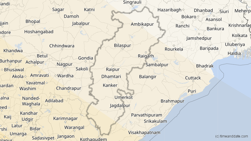 A map of Chhattisgarh, Indien, showing the path of the 2. Aug 2027 Totale Sonnenfinsternis