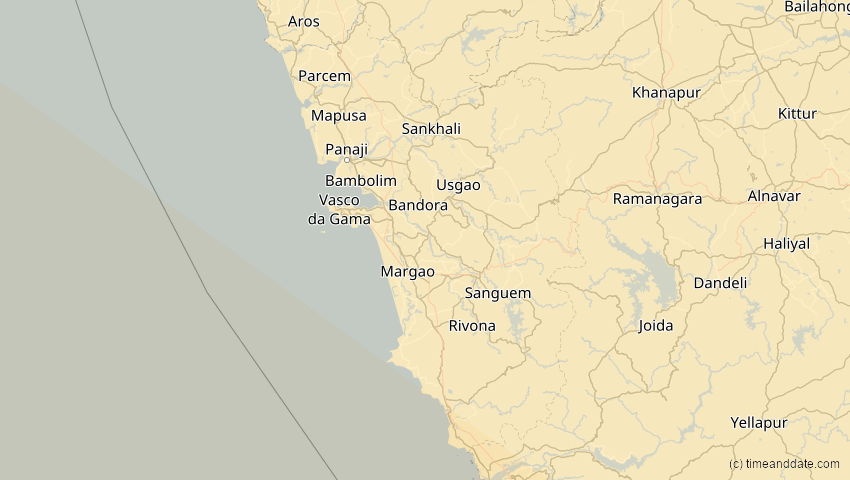 A map of Goa, Indien, showing the path of the 2. Aug 2027 Totale Sonnenfinsternis