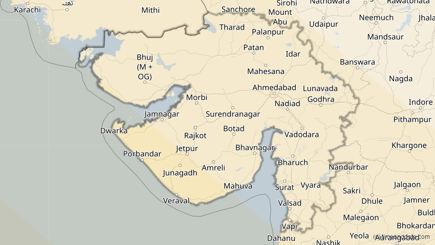 A map of Gujarat, Indien, showing the path of the 2. Aug 2027 Totale Sonnenfinsternis