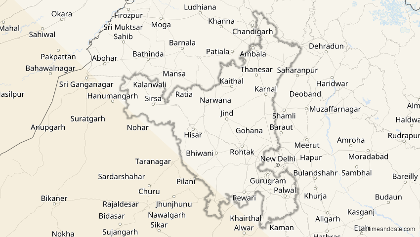 A map of Haryana, Indien, showing the path of the 2. Aug 2027 Totale Sonnenfinsternis