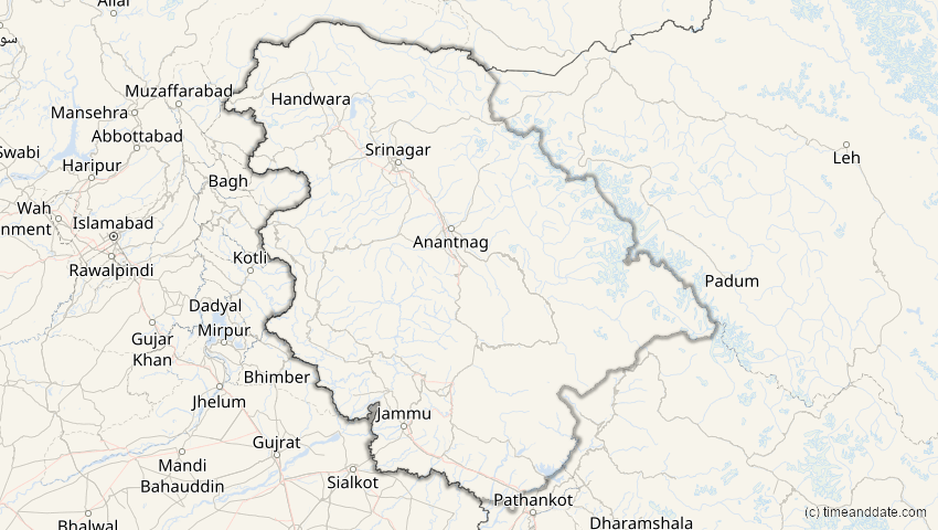 A map of Jammu und Kashmir, Indien, showing the path of the 2. Aug 2027 Totale Sonnenfinsternis