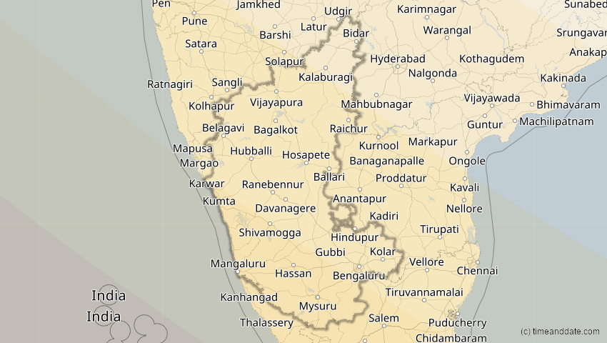 A map of Karnataka, India, showing the path of the Aug 2, 2027 Total Solar Eclipse