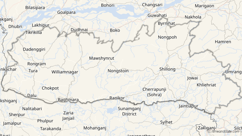 A map of Meghalaya, Indien, showing the path of the 2. Aug 2027 Totale Sonnenfinsternis
