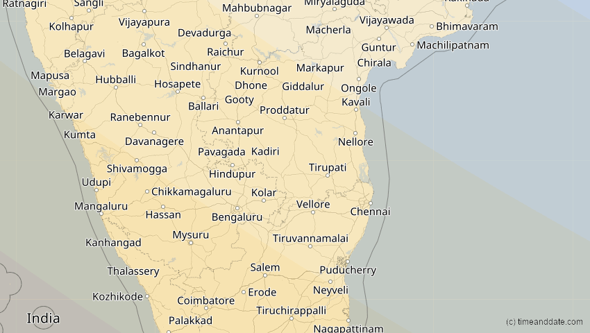 A map of Pondicherry, India, showing the path of the Aug 2, 2027 Total Solar Eclipse
