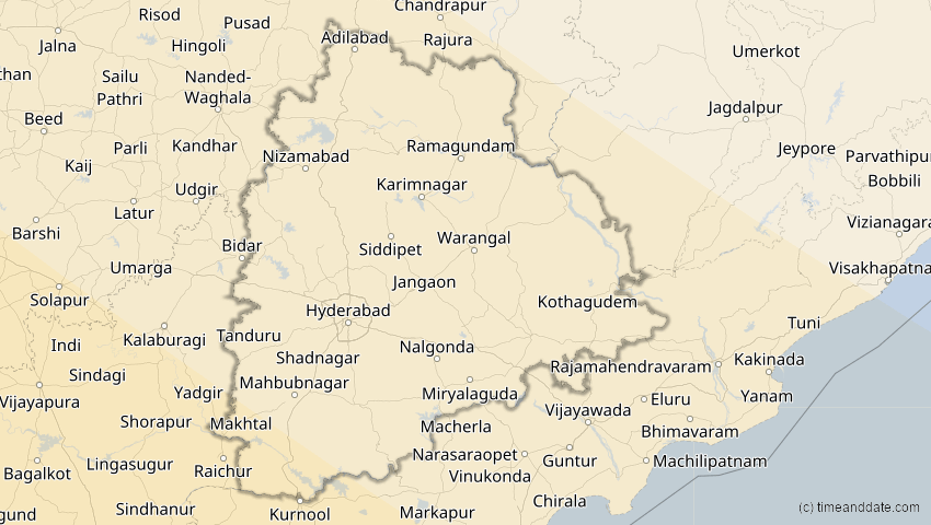A map of Telangana, Indien, showing the path of the 2. Aug 2027 Totale Sonnenfinsternis
