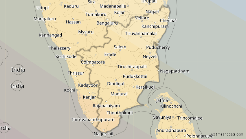 A map of Tamil Nadu, Indien, showing the path of the 2. Aug 2027 Totale Sonnenfinsternis