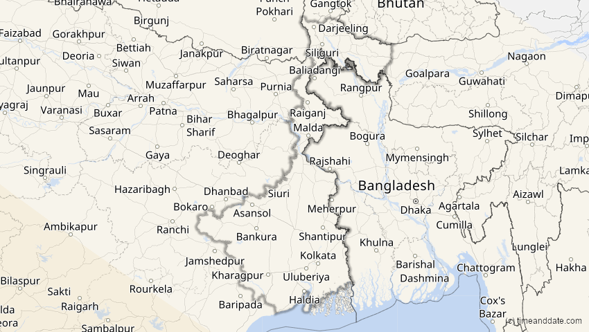 A map of Westbengalen, Indien, showing the path of the 2. Aug 2027 Totale Sonnenfinsternis