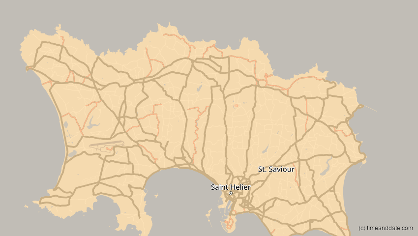 A map of Jersey, United Kingdom, showing the path of the 2027年8月2日 (月) Total Solar Eclipse