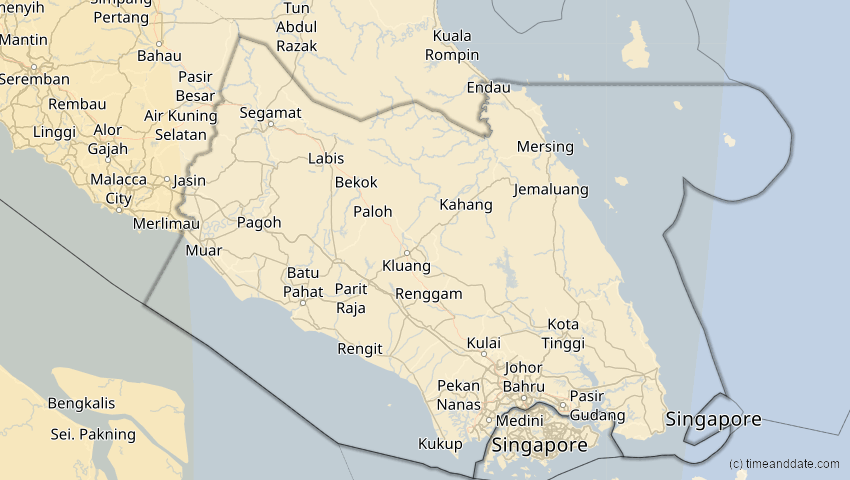 A map of Johor, Malaysia, showing the path of the 2. Aug 2027 Totale Sonnenfinsternis