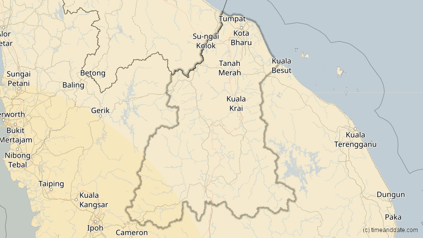 A map of Kelantan, Malaysia, showing the path of the 2. Aug 2027 Totale Sonnenfinsternis