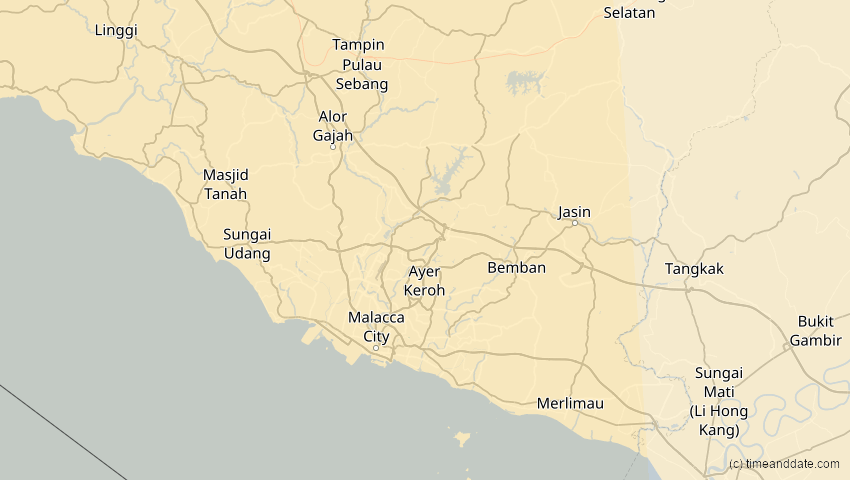 A map of Malacca, Malaysia, showing the path of the 2027年8月2日 (月) Total Solar Eclipse