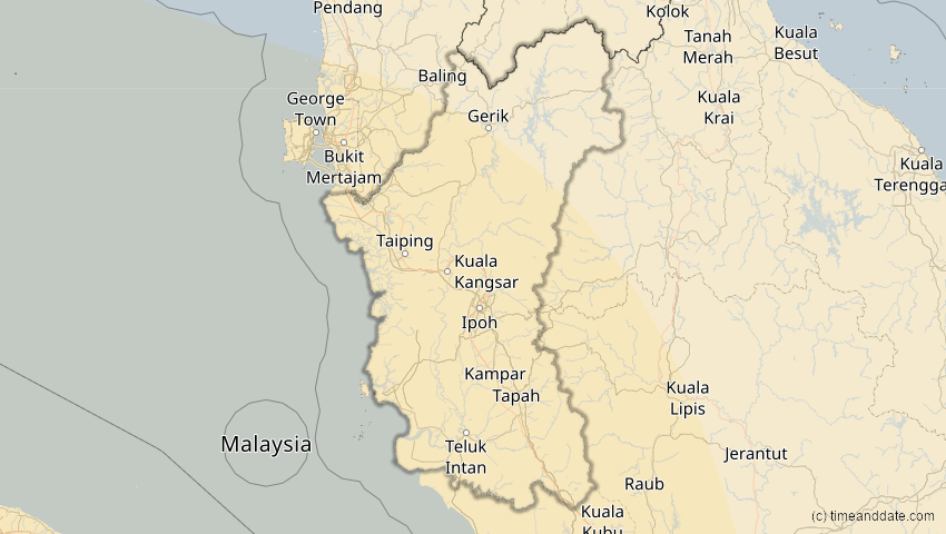 A map of Perak, Malaysia, showing the path of the Aug 2, 2027 Total Solar Eclipse