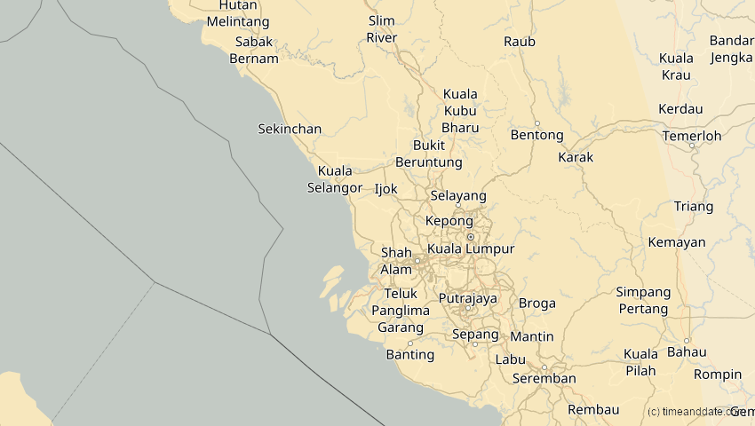 A map of Selangor, Malaysia, showing the path of the 2. Aug 2027 Totale Sonnenfinsternis