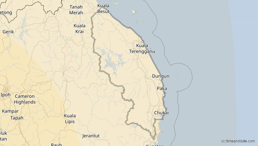 A map of Terengganu, Malaysia, showing the path of the 2. Aug 2027 Totale Sonnenfinsternis