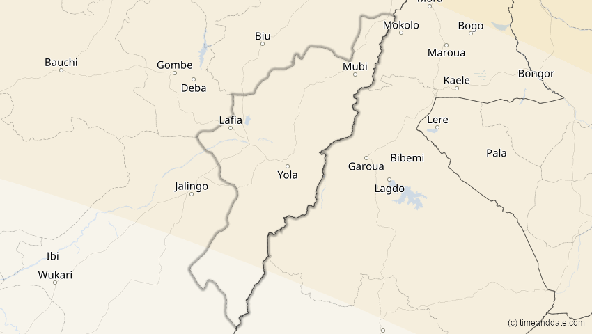 A map of Adamawa, Nigeria, showing the path of the Aug 2, 2027 Total Solar Eclipse