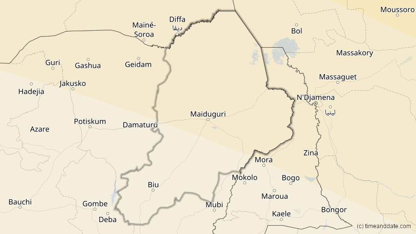 A map of Borno, Nigeria, showing the path of the 2. Aug 2027 Totale Sonnenfinsternis