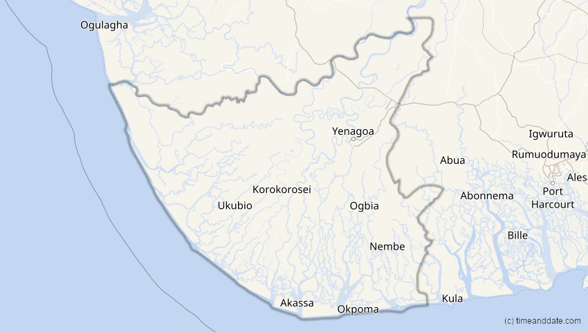 A map of Bayelsa, Nigeria, showing the path of the 2. Aug 2027 Totale Sonnenfinsternis