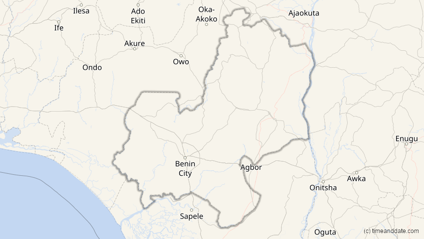 A map of Edo, Nigeria, showing the path of the 2. Aug 2027 Totale Sonnenfinsternis