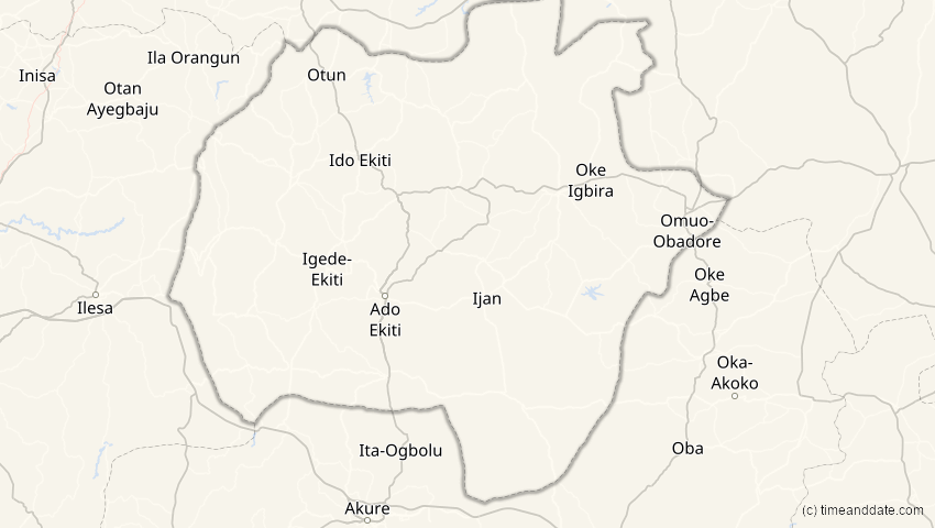 A map of Ekiti, Nigeria, showing the path of the 2. Aug 2027 Totale Sonnenfinsternis