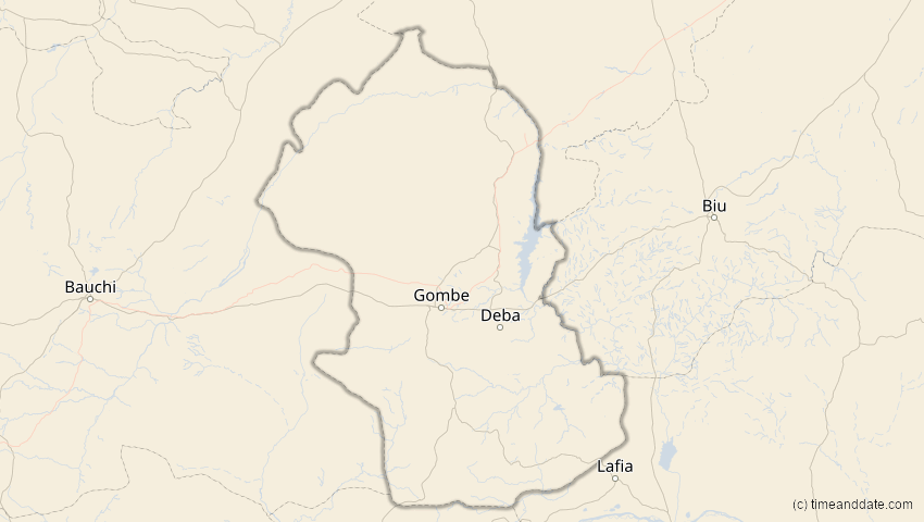 A map of Gombe, Nigeria, showing the path of the 2. Aug 2027 Totale Sonnenfinsternis