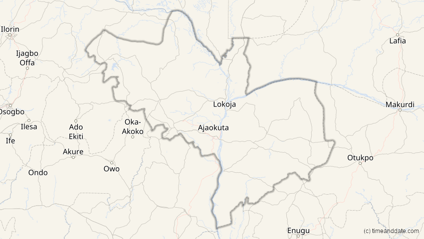 A map of Kogi , Nigeria, showing the path of the 2. Aug 2027 Totale Sonnenfinsternis