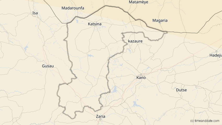 A map of Katsina , Nigeria, showing the path of the 2. Aug 2027 Totale Sonnenfinsternis