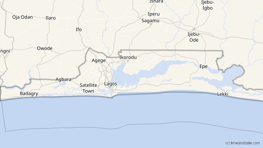 A map of Lagos, Nigeria, showing the path of the 2. Aug 2027 Totale Sonnenfinsternis