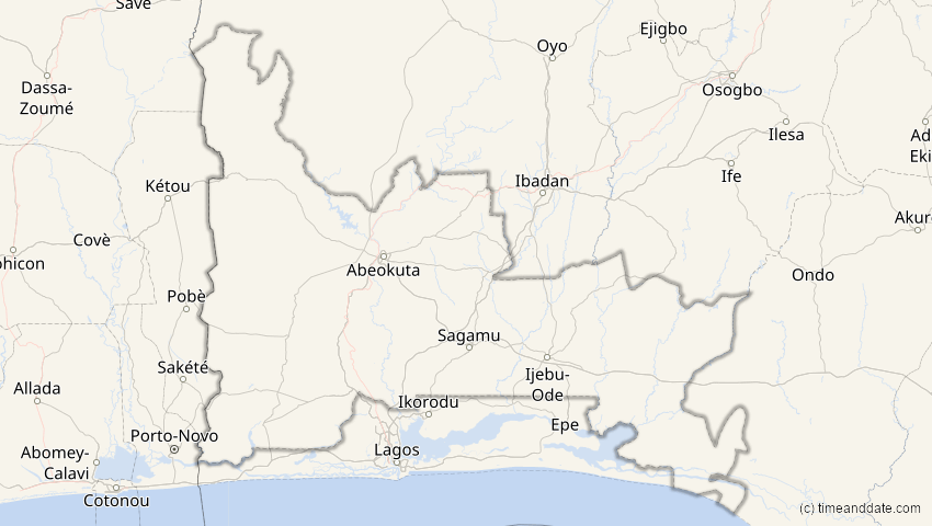 A map of Ogun, Nigeria, showing the path of the 2. Aug 2027 Totale Sonnenfinsternis
