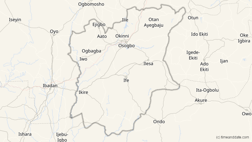 A map of Osun, Nigeria, showing the path of the 2027年8月2日 (月) Total Solar Eclipse